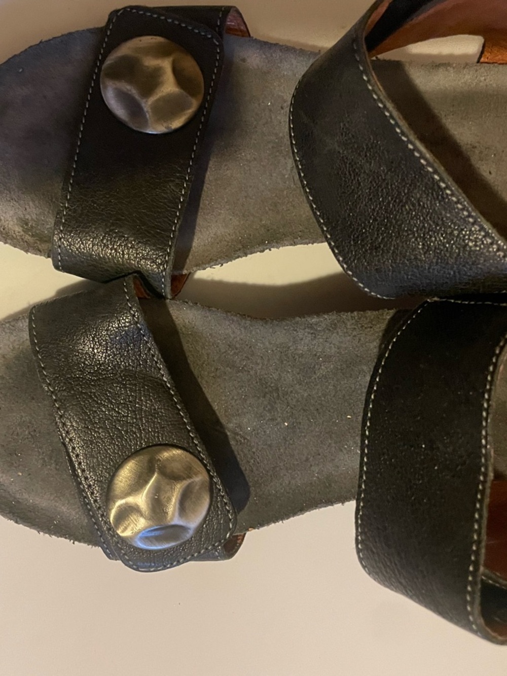 Taos Footwear Black Leather Wedge Slides with Decorative Metal Buttons